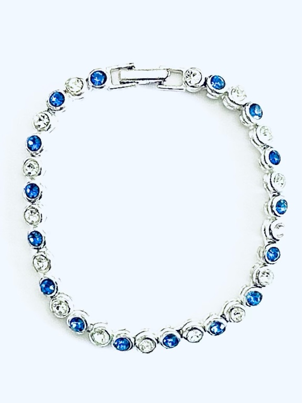 Avon Silver Plated Tennis Bracelet with Blue & Clear CZ Size Small